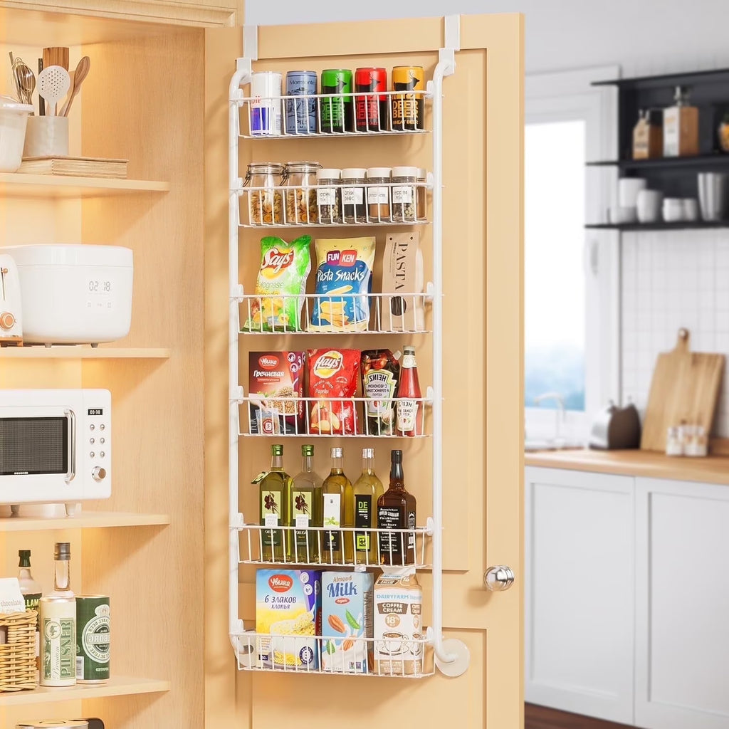 over the Door Pantry Organizer 6-Tier Hanging & Wall Mount Spice Rack, Metal behind the Door Storage Shelf,White