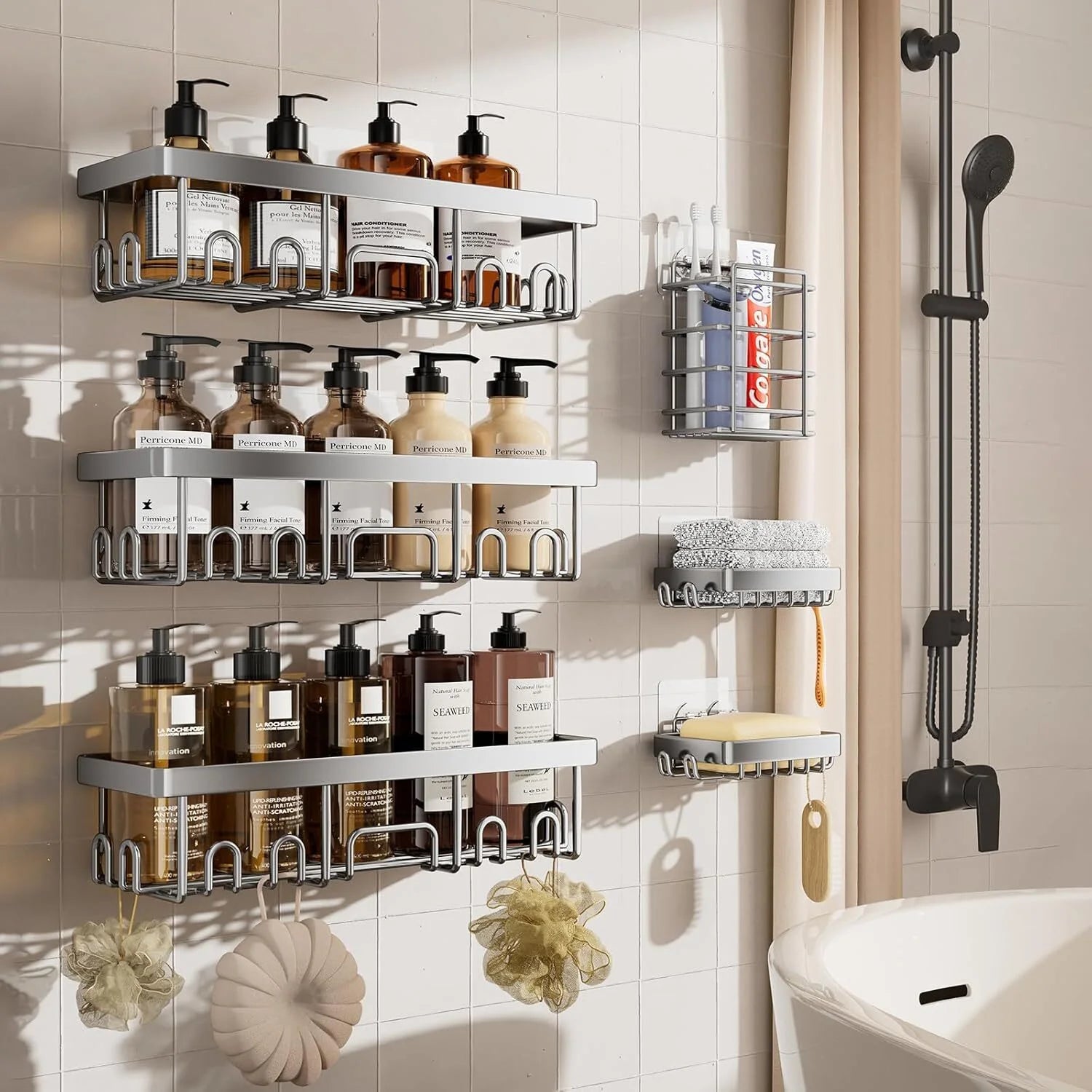 Rustproof & Waterproof Shower Caddy 6-Pack, No Drilling Adhesive Wall Mounted Shower Shelves Rack, Heavy Weight Bearing, Large Organizer Storage Accessories, Ideal for Bathroom, Home & Kitchen