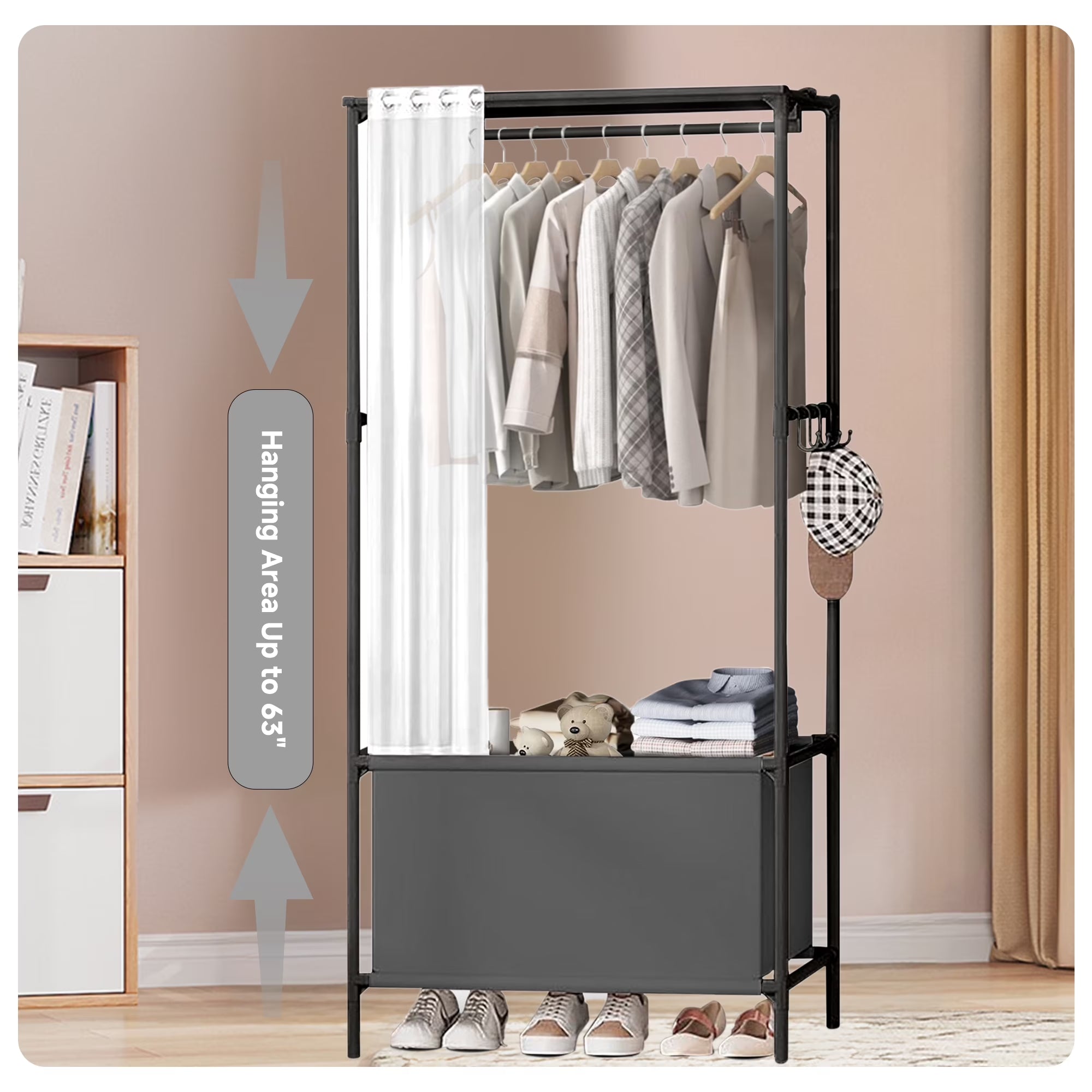 Portable Closet,  Portable Wardrobe Storage Closet, Clothes Storage Cabinet with Curtain, for Bedroom, Clothes Room, Black