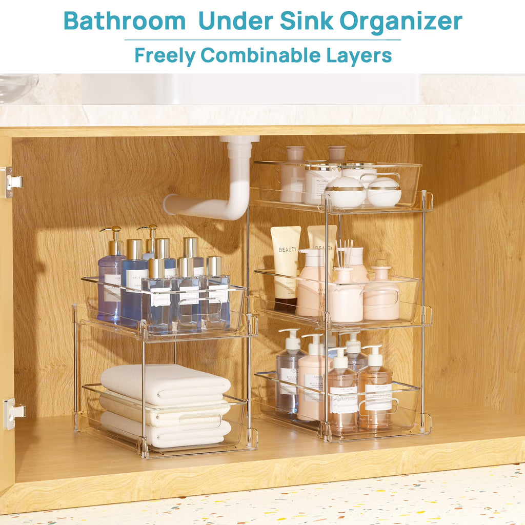 3 Pack Bathroom Plastic Storage Organizer, 2 Tier Clear under Sink Organizers Vanity Countertop Storage Container