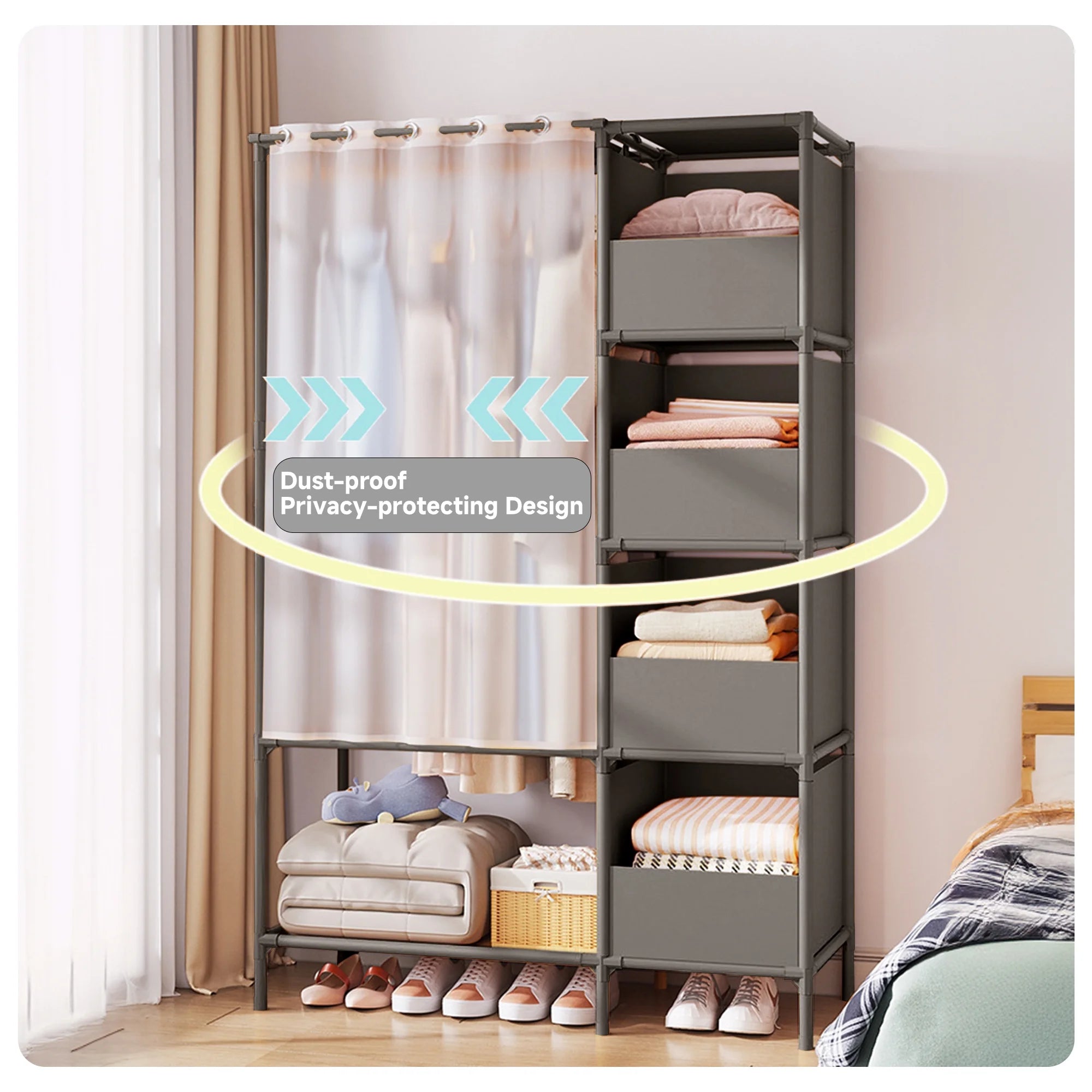 Portable Closet,  Closet Organizer Storage Shelves, Clothes Rack Storage Organizer, Wardrobe Closet Clothing Rack for Bedroom, Hallway, Living Room, Gray