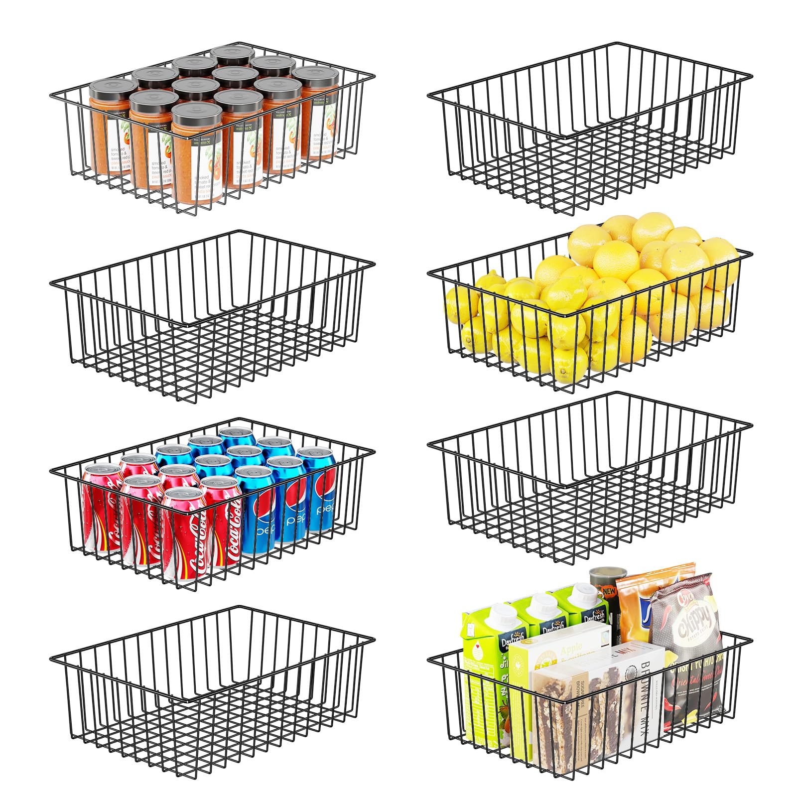 Simple Trending 8 Pack Large Wire Baskets for Organization Metal Pantry Storage Baskets for Cabinet Kitchen Garage Bathroom Black