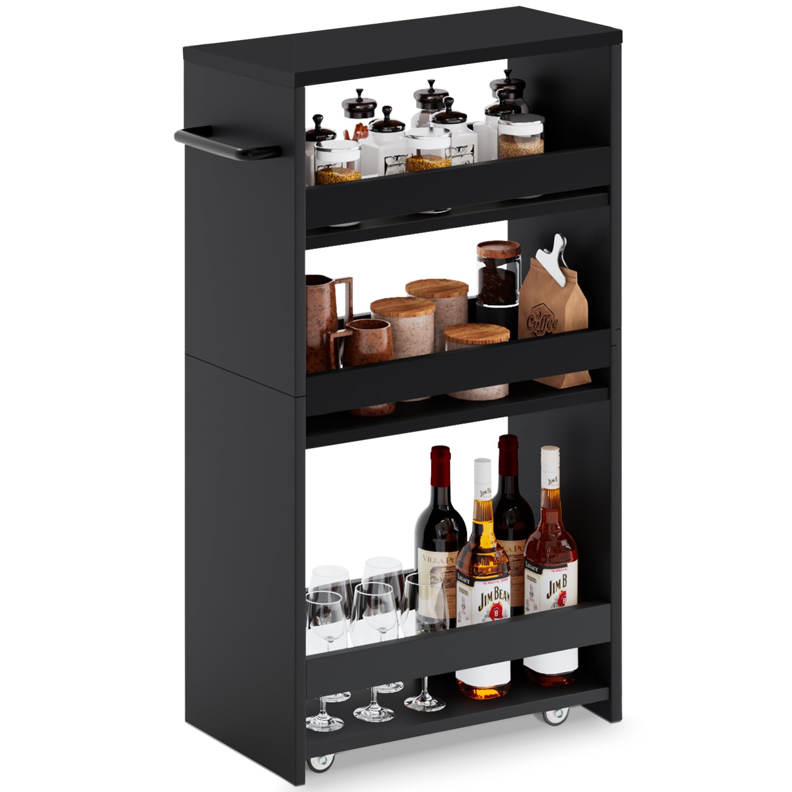 Slim 4-Tier Rolling Storage Cart with Handle – All Black
