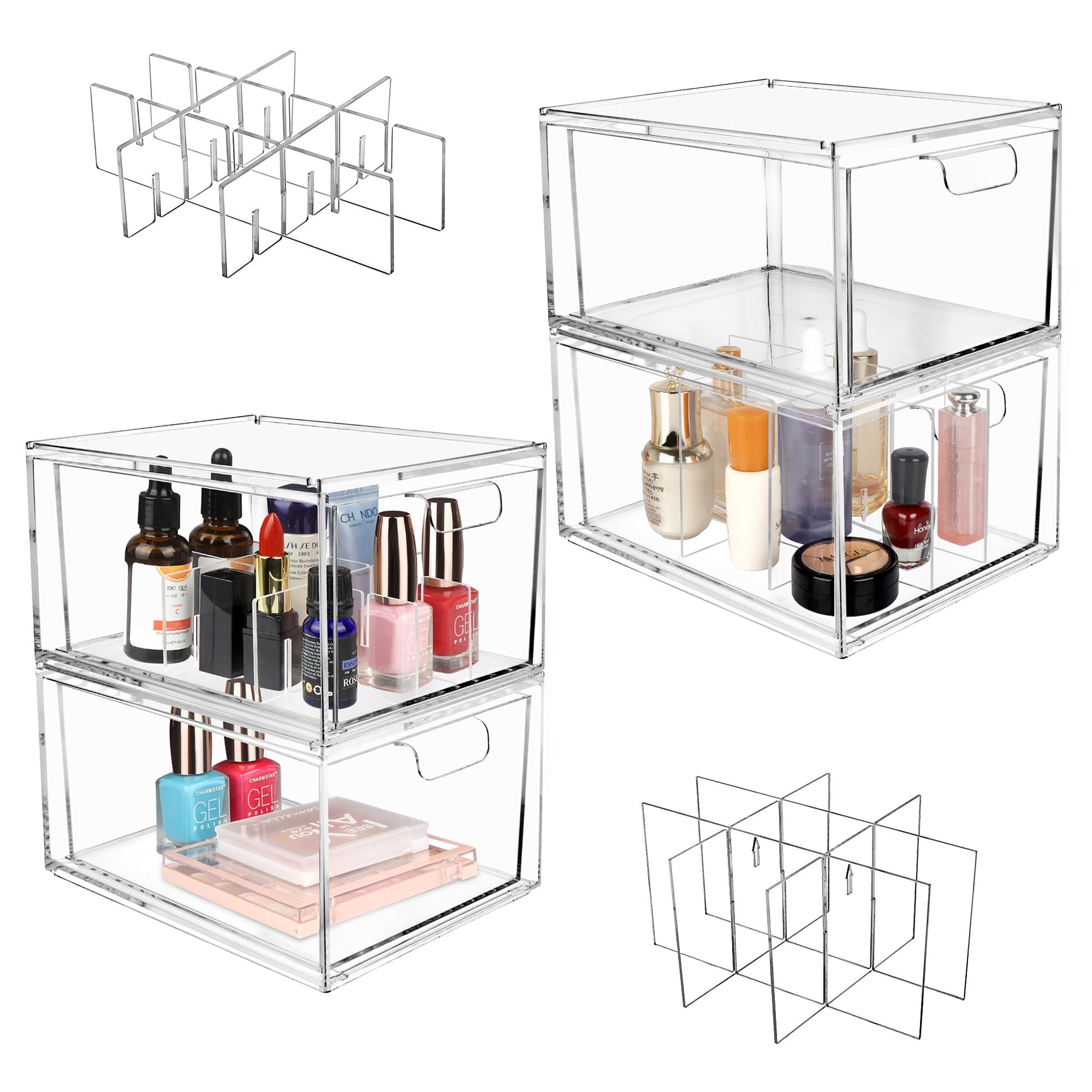 Stackable Clear Drawer Organizer for Vanity – Set of 4