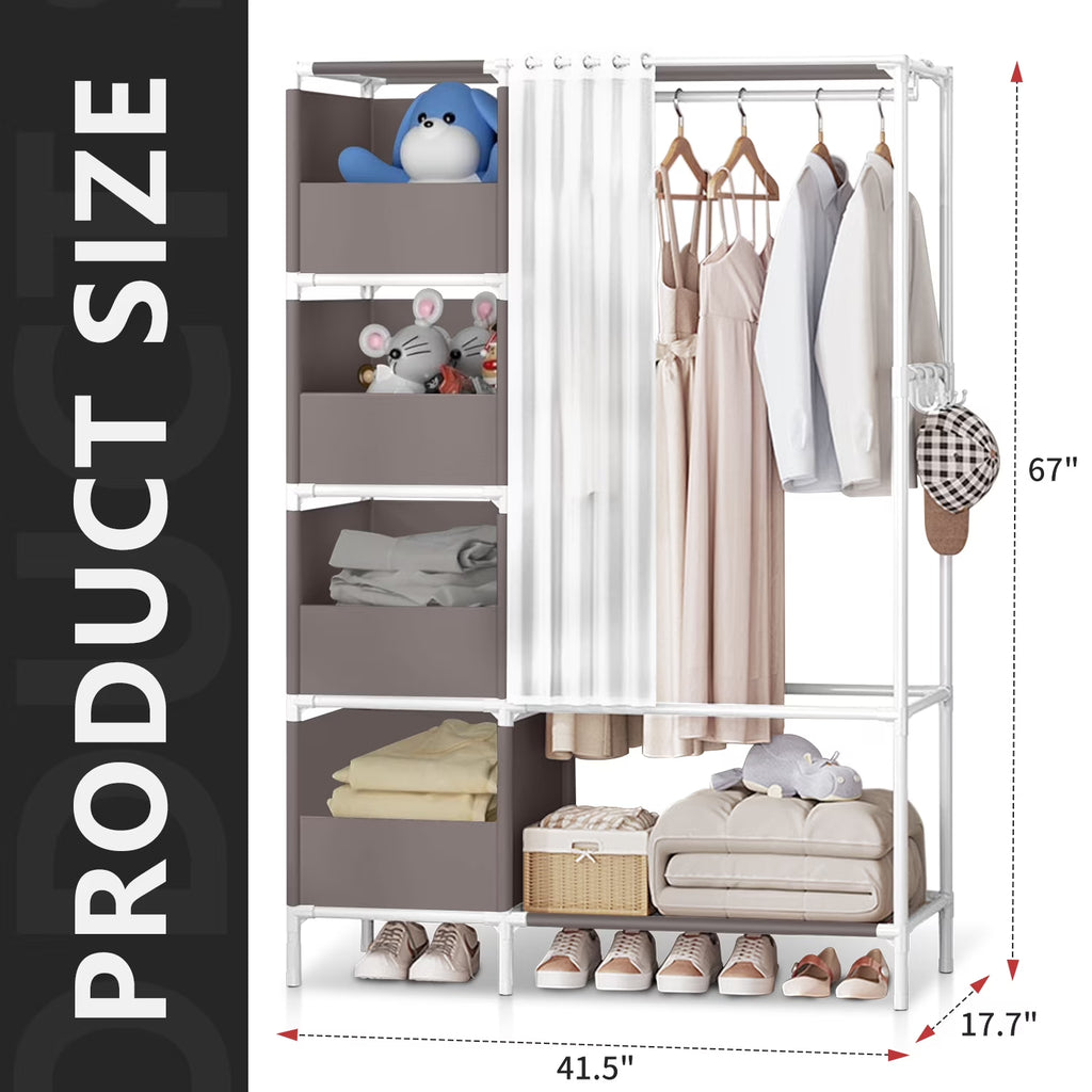 Portable Closet,  Closet Organizer Storage Shelves, Clothes Rack Storage Organizer, Wardrobe Closet Clothing Rack for Bedroom, Hallway, Living Room, Gray