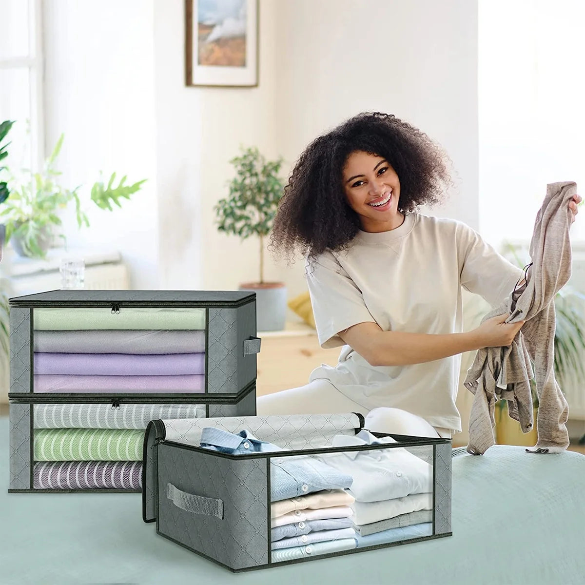 Foldable Storage Box, 6 Pack Clothes Organizer with Clear Windows, Sturdy Handles Storage Bag 19.7 X 13.78 X 7.87 Inches, Gray