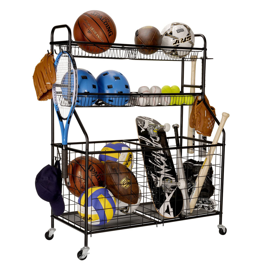 Rolling Sports Equipment Organizer with Ball Storage Rack