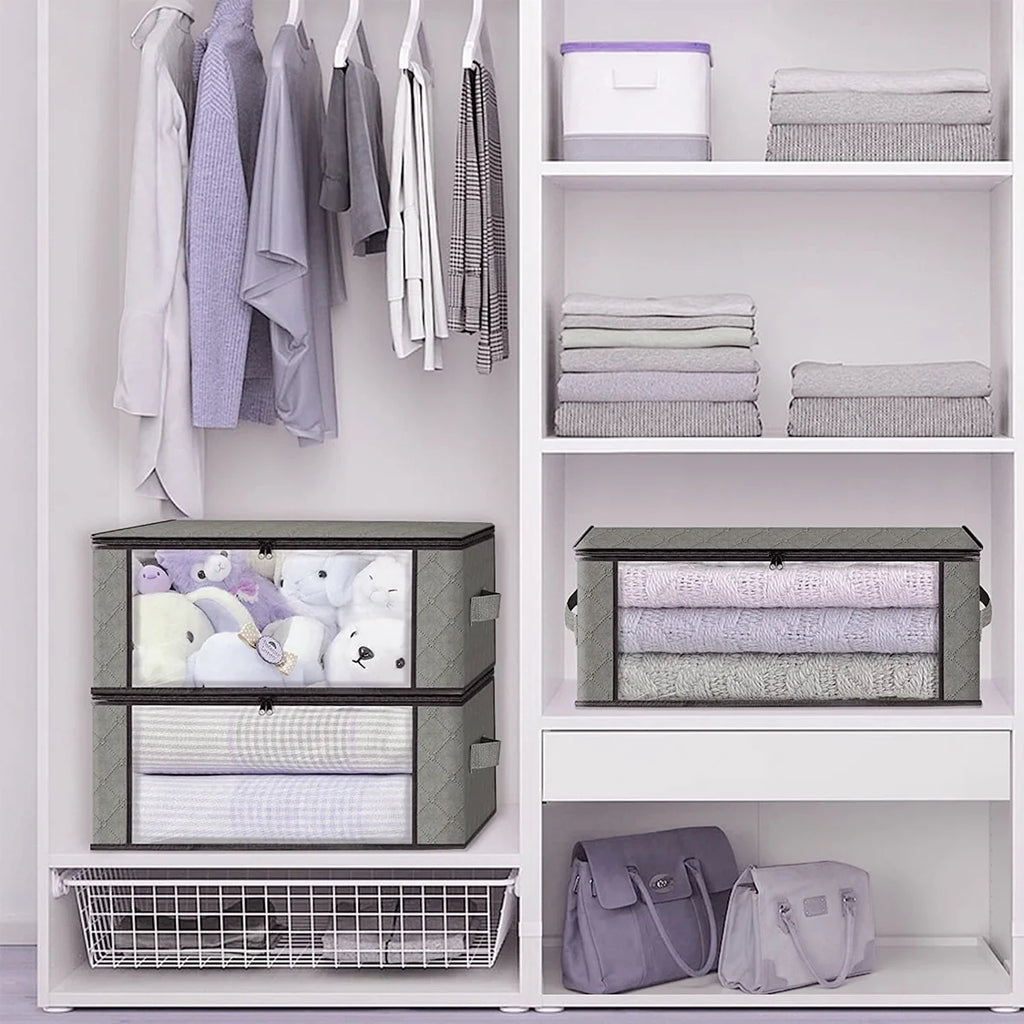 Foldable Storage Box, 6 Pack Clothes Organizer with Clear Windows, Sturdy Handles Storage Bag 19.7 X 13.78 X 7.87 Inches, Gray