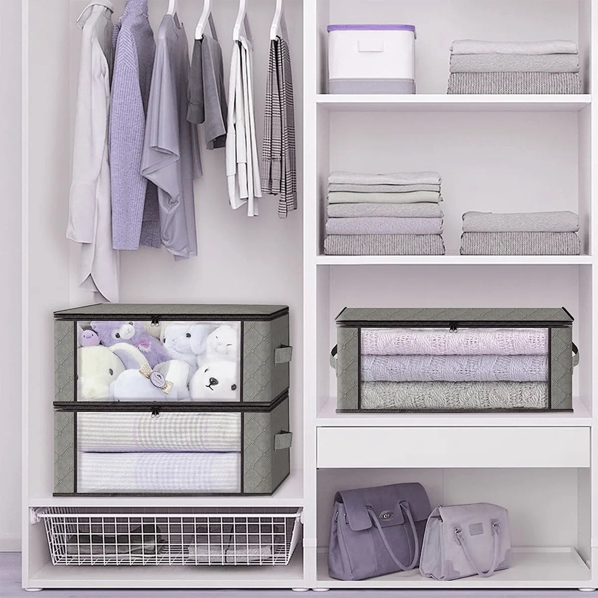 Foldable Storage Box, 6 Pack Clothes Organizer with Clear Windows, Sturdy Handles Storage Bag 19.7 X 13.78 X 7.87 Inches, Gray