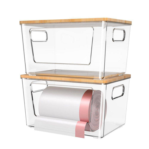2-Pack Stackable Trash Bag Holder W/ Bamboo Lid, Large Garbage Bag Dispenser for under Sink