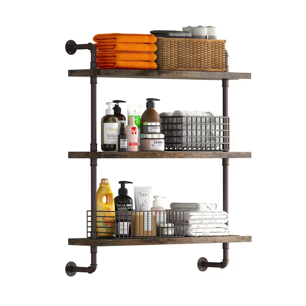 3-Tier Industrial Pipe Floating Shelf – 24", Rustic Wood & Bronze