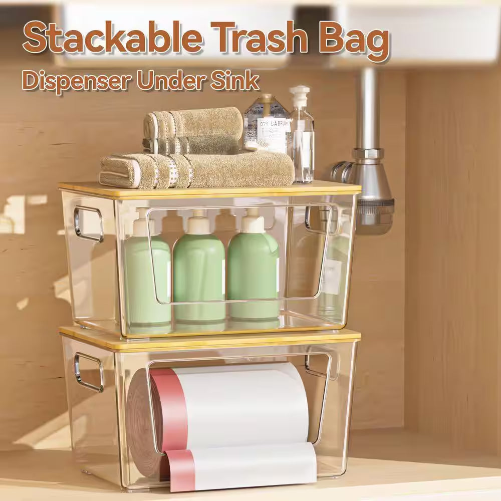 2-Pack Stackable Trash Bag Holder W/ Bamboo Lid, Large Garbage Bag Dispenser for under Sink