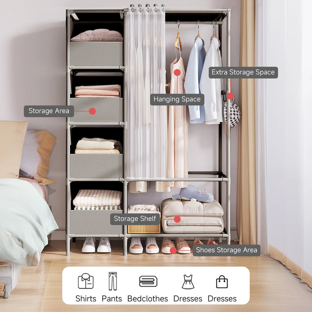Portable Closet,  Closet Organizer Storage Shelves, Clothes Rack Storage Organizer, Wardrobe Closet Clothing Rack for Bedroom, Hallway, Living Room, Gray