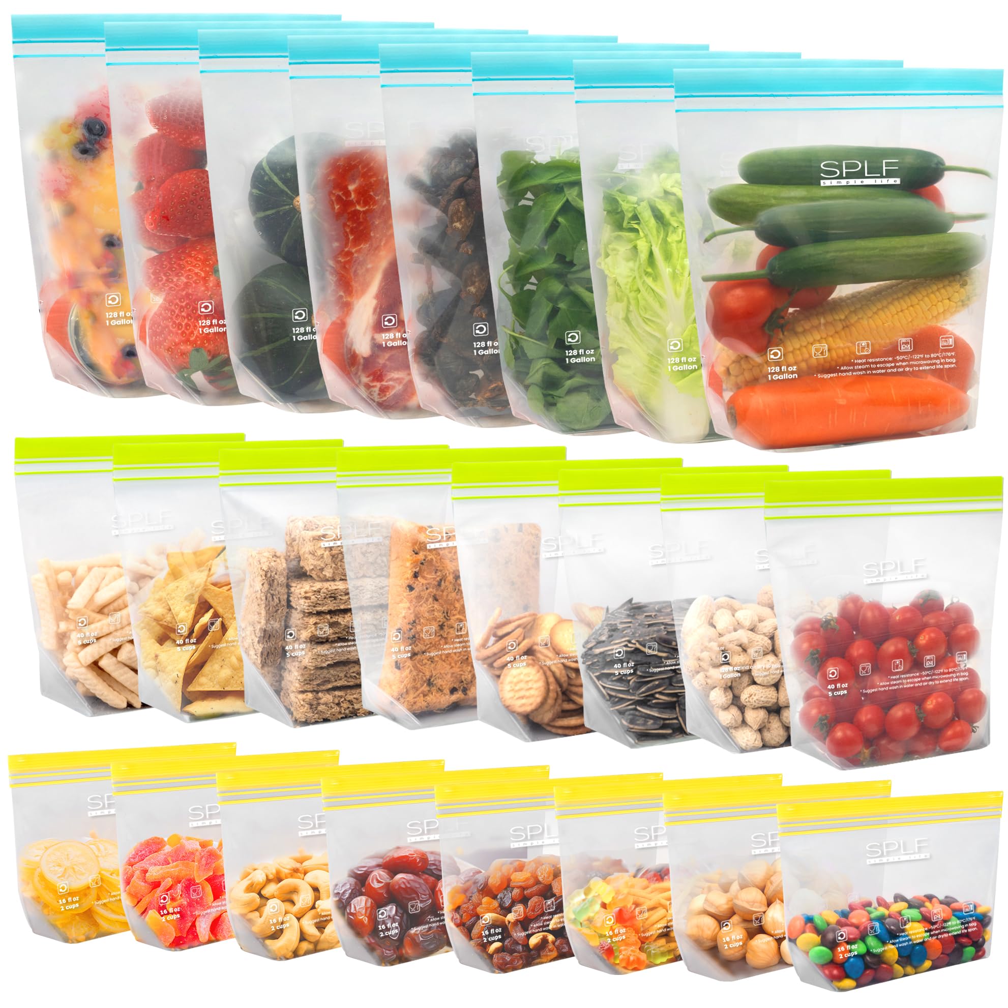 SPLF 24 Pack Reusable Food Storage Bags Dishwasher Microwave Safe BPA Free Reusable Freezer Bags Silicone Free Containers for Meal Prep Fridge Kitchen Organization - 8 Gallon 8 Sandwich 8 Snack