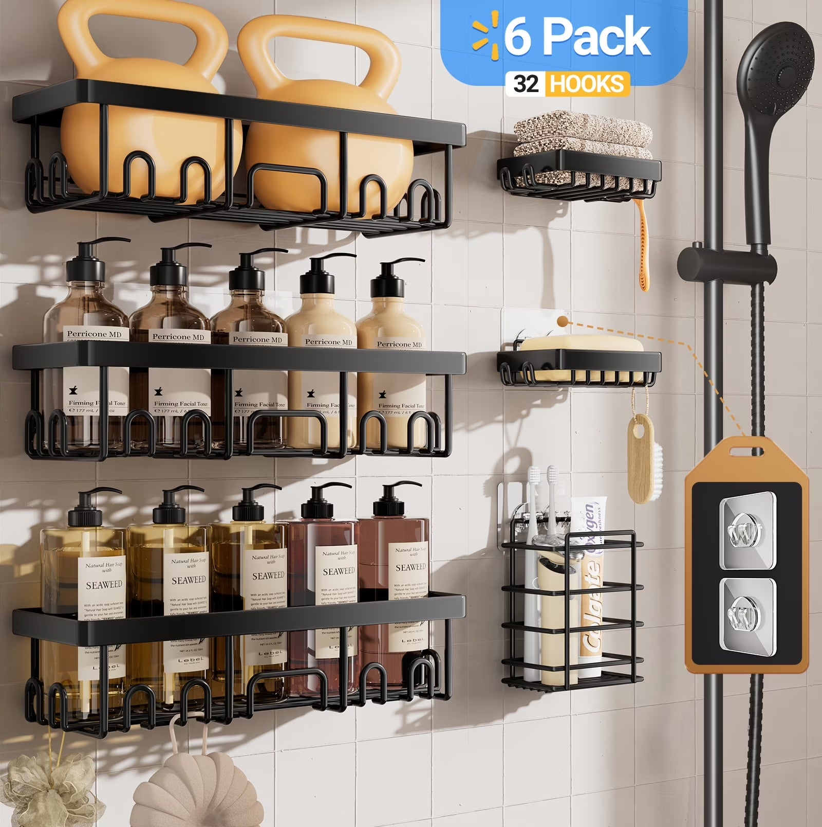 Rustproof & Waterproof Shower Caddy 6-Pack, No Drilling Adhesive Wall Mounted Shower Shelves Rack, Heavy Weight Bearing, Large Organizer Storage Accessories, Ideal for Bathroom, Home & Kitchen