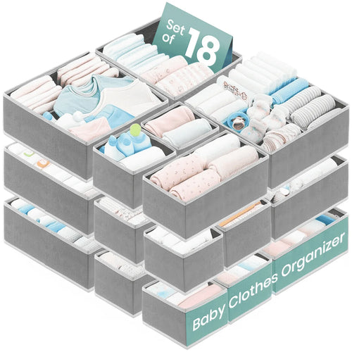 18 Pack Drawer Organizer Clothes-3 Sizes (L, M, S) Dresser Drawer Organizer-Baby Drawer Organizer for Nursery-Foldable Fabric Drawer Dividers for Underwear, Bedroom, Lingerie, Undies, Bra-Grey