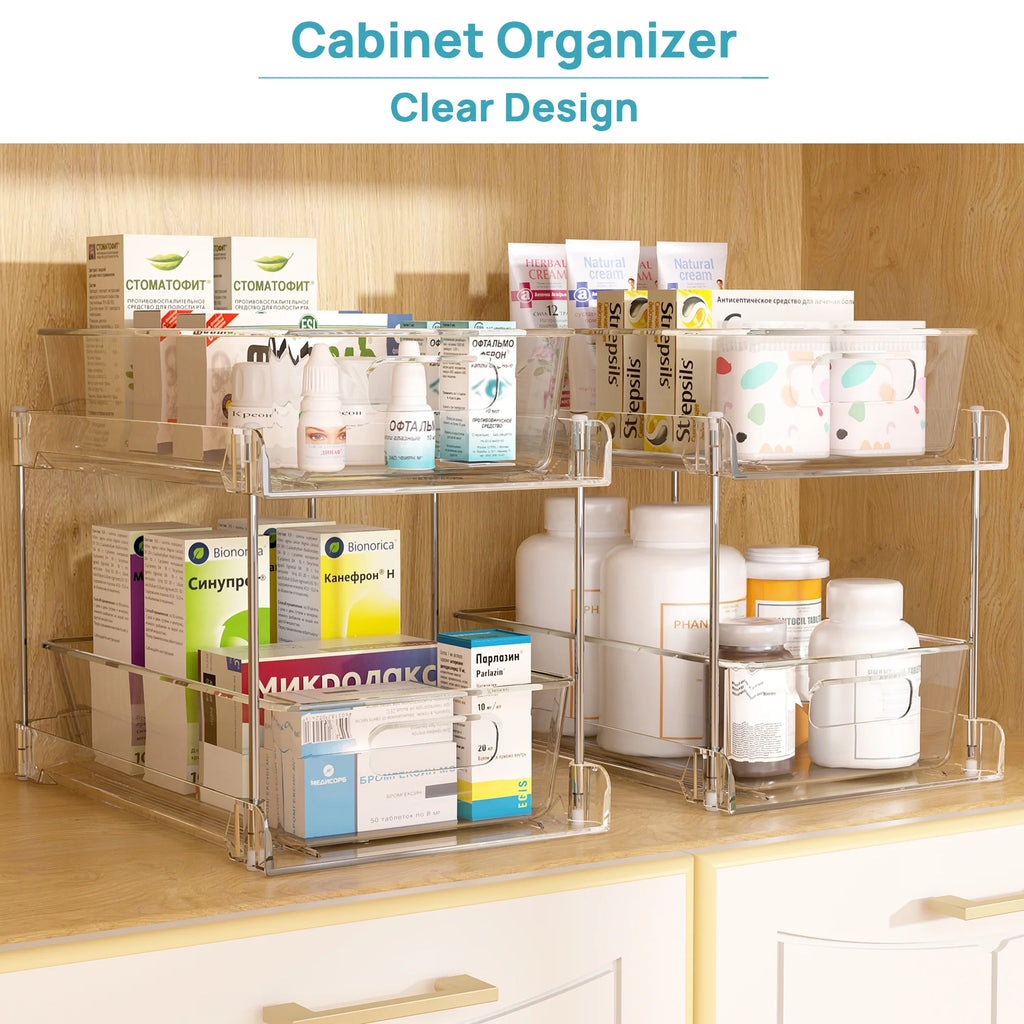 3 Pack Bathroom Plastic Storage Organizer, 2 Tier Clear under Sink Organizers Vanity Countertop Storage Container