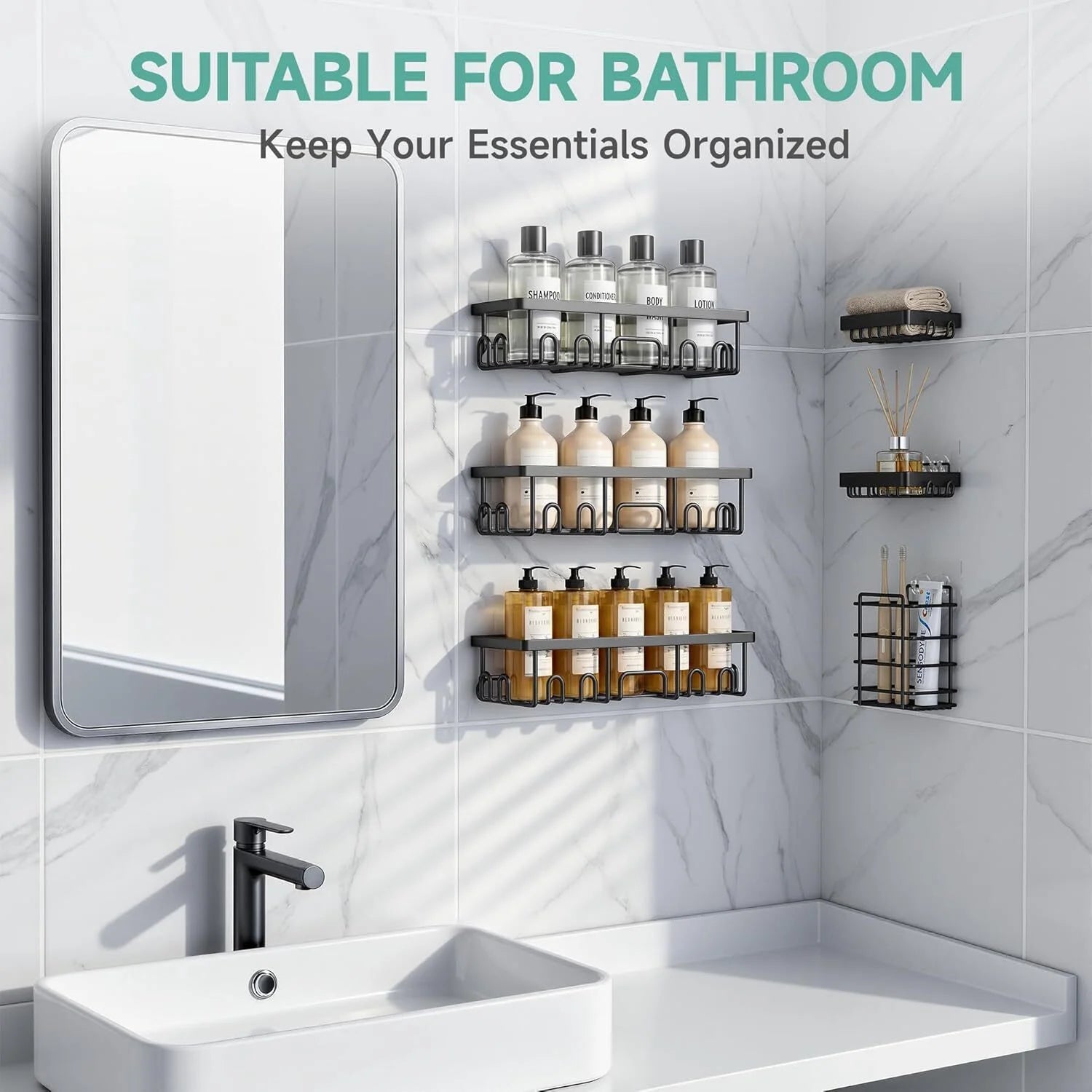 Rustproof & Waterproof Shower Caddy 6-Pack, No Drilling Adhesive Wall Mounted Shower Shelves Rack, Heavy Weight Bearing, Large Organizer Storage Accessories, Ideal for Bathroom, Home & Kitchen
