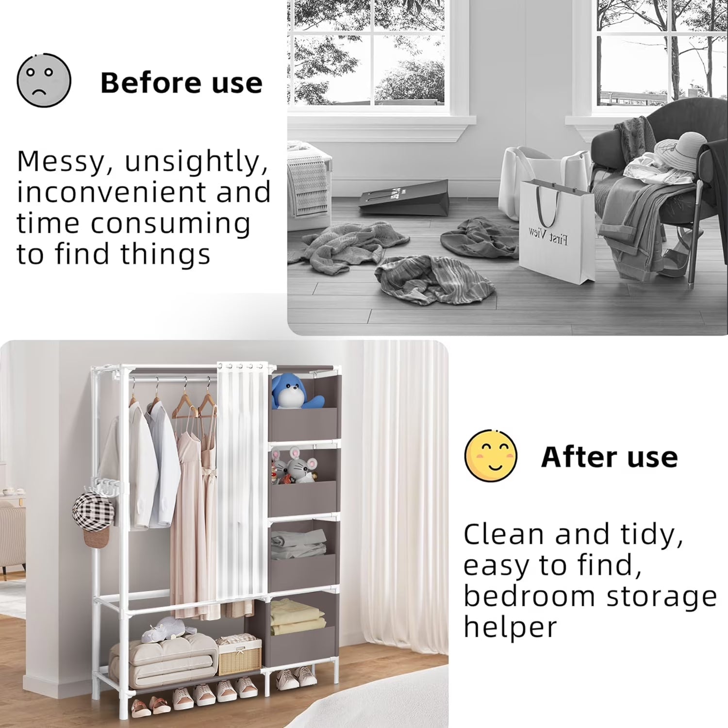 Portable Closet,  Closet Organizer Storage Shelves, Clothes Rack Storage Organizer, Wardrobe Closet Clothing Rack for Bedroom, Hallway, Living Room, Gray