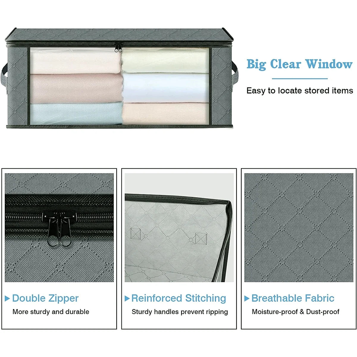 Foldable Storage Box, 6 Pack Clothes Organizer with Clear Windows, Sturdy Handles Storage Bag 19.7 X 13.78 X 7.87 Inches, Gray