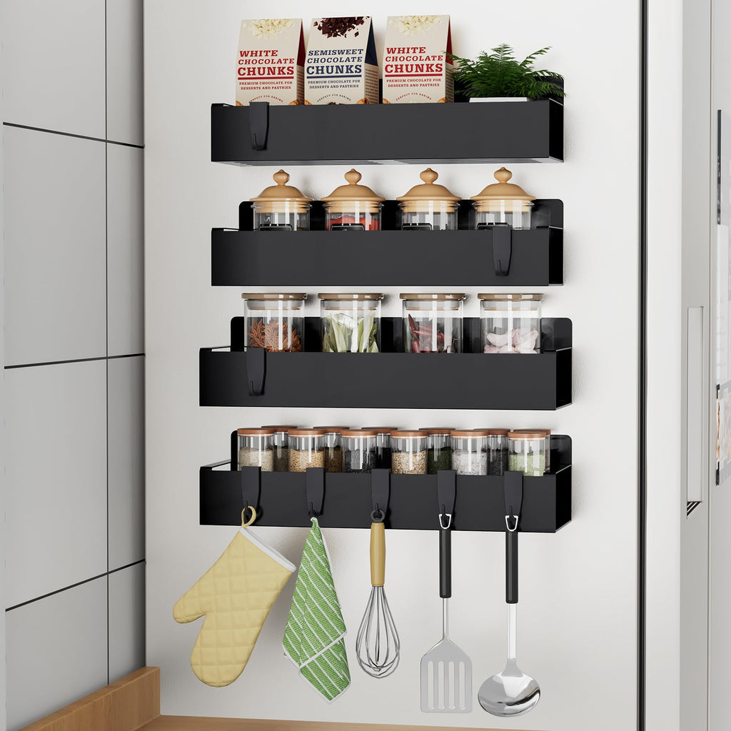 Magnetic Spice Rack for Fridge – 4 Pack with 8 Hooks (Black)