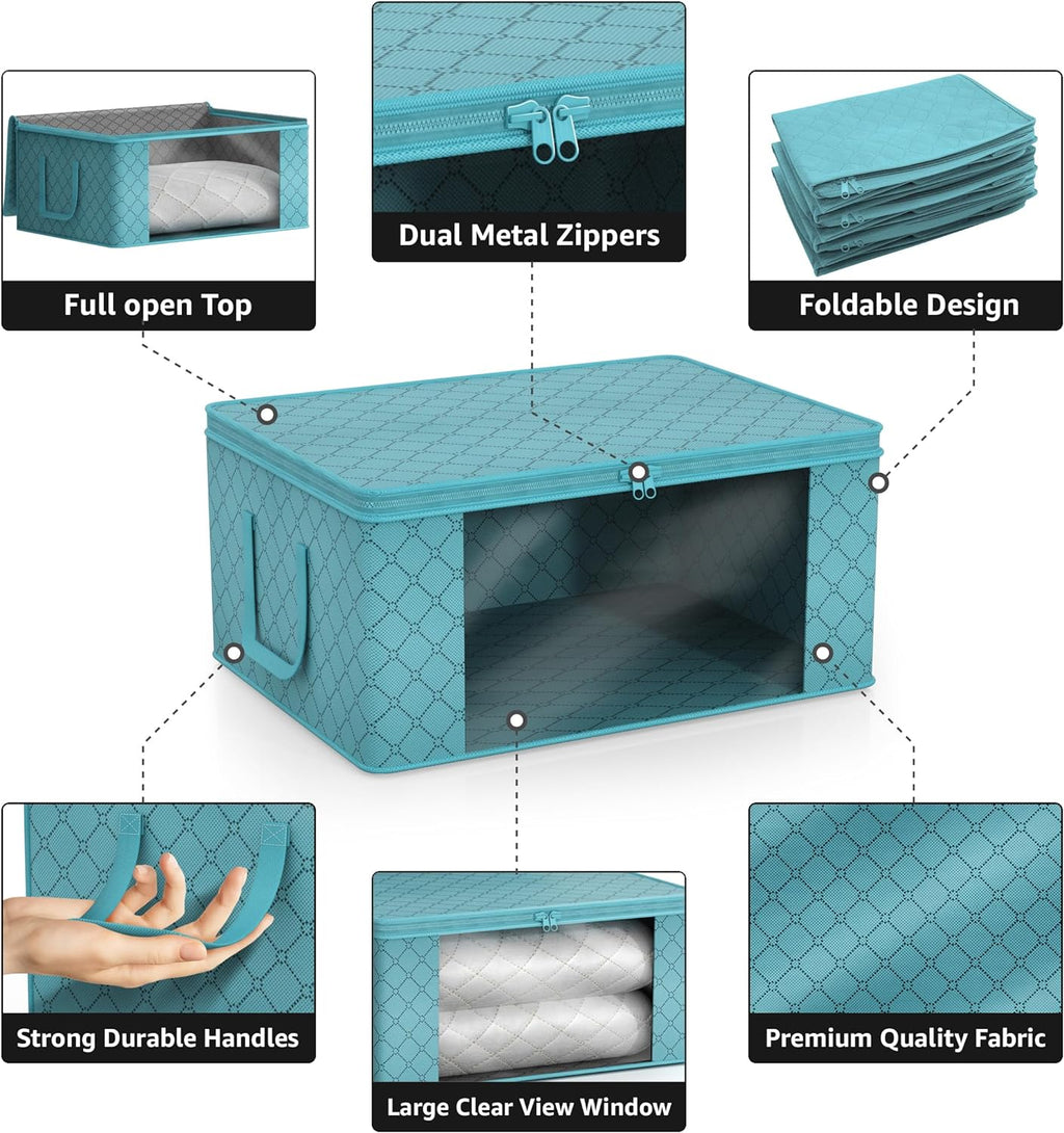 Foldable Storage Bag Organizers, Clear Window & Carry Handles, Great for Clothes, Blankets, Closets, Bedrooms, and More, 19" L X 14" W X 8" H (3 Pack)