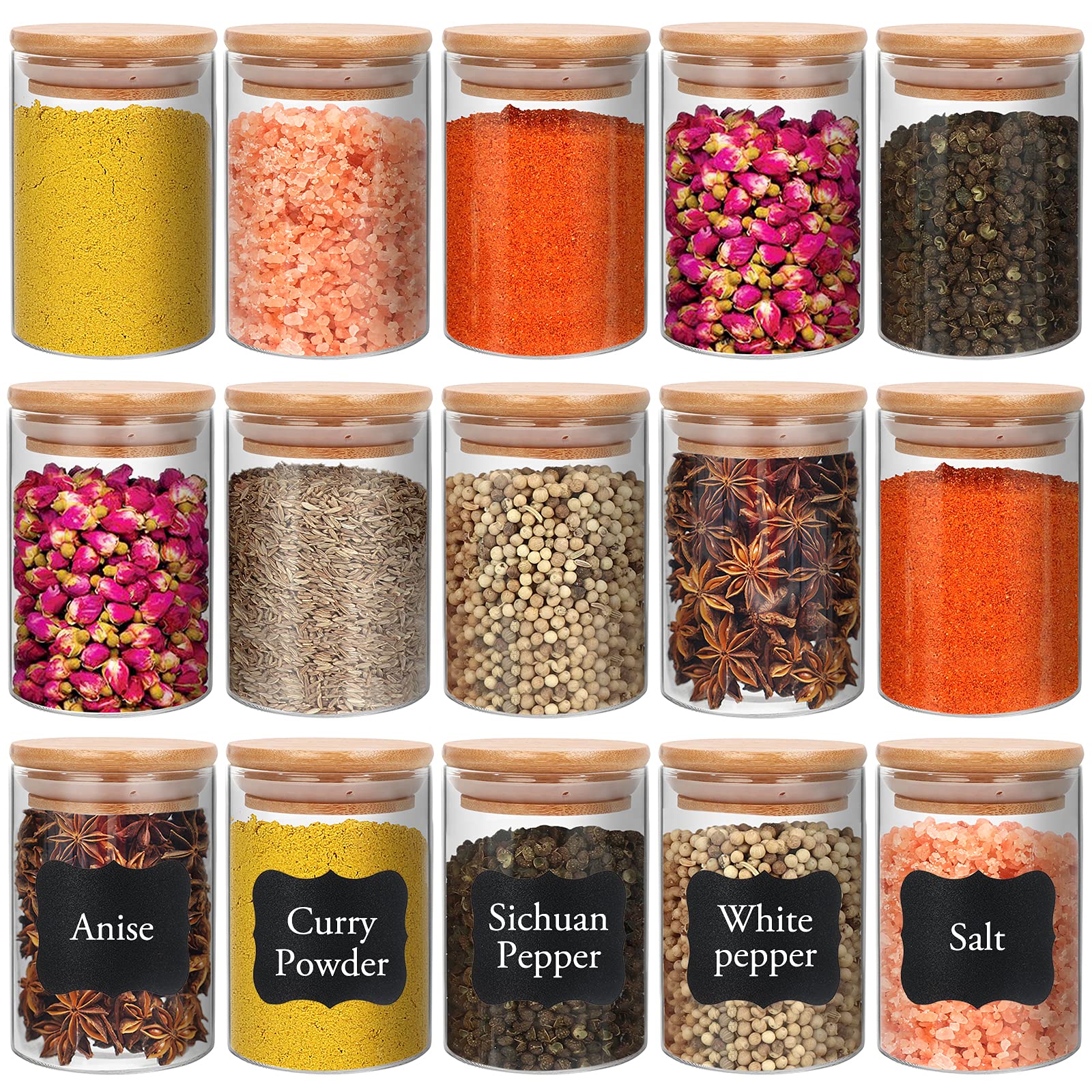 8 oz Glass Jars with Bamboo Lids – Set of 15 with Labels