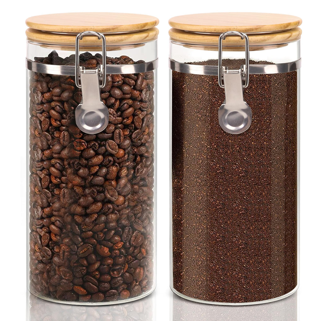 EQEY Glass Storage Jars Set Elegant Containers with Airtight Bamboo Lids Perfect for Kitchen Organization - Flour Rice Pasta Sugar Coffee Beans Accessories Included (Coffee Jar x 2)