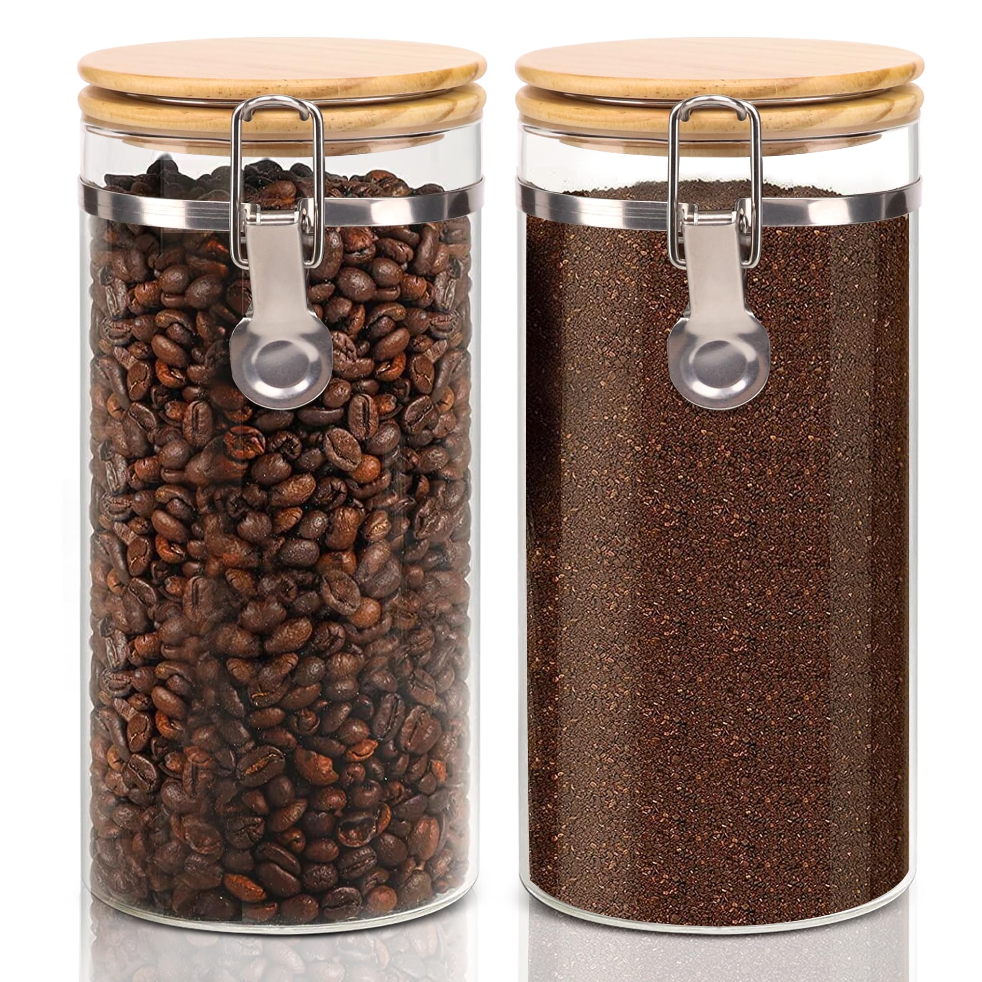 EQEY Glass Storage Jars Set Elegant Containers with Airtight Bamboo Lids Perfect for Kitchen Organization - Flour Rice Pasta Sugar Coffee Beans Accessories Included (Coffee Jar x 2)