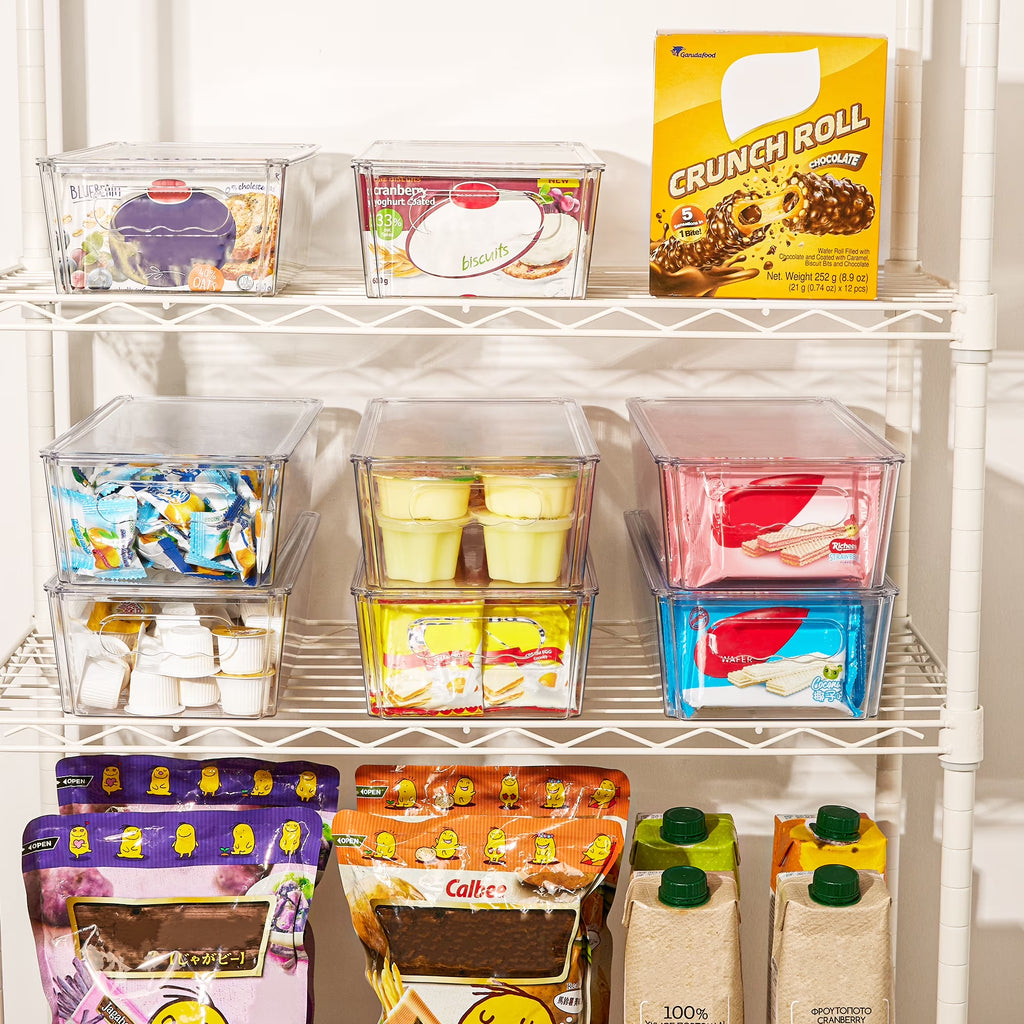 6Pcs Clear Organizers Bins with Lids, Stackable Plastic Storage Containers with Handles