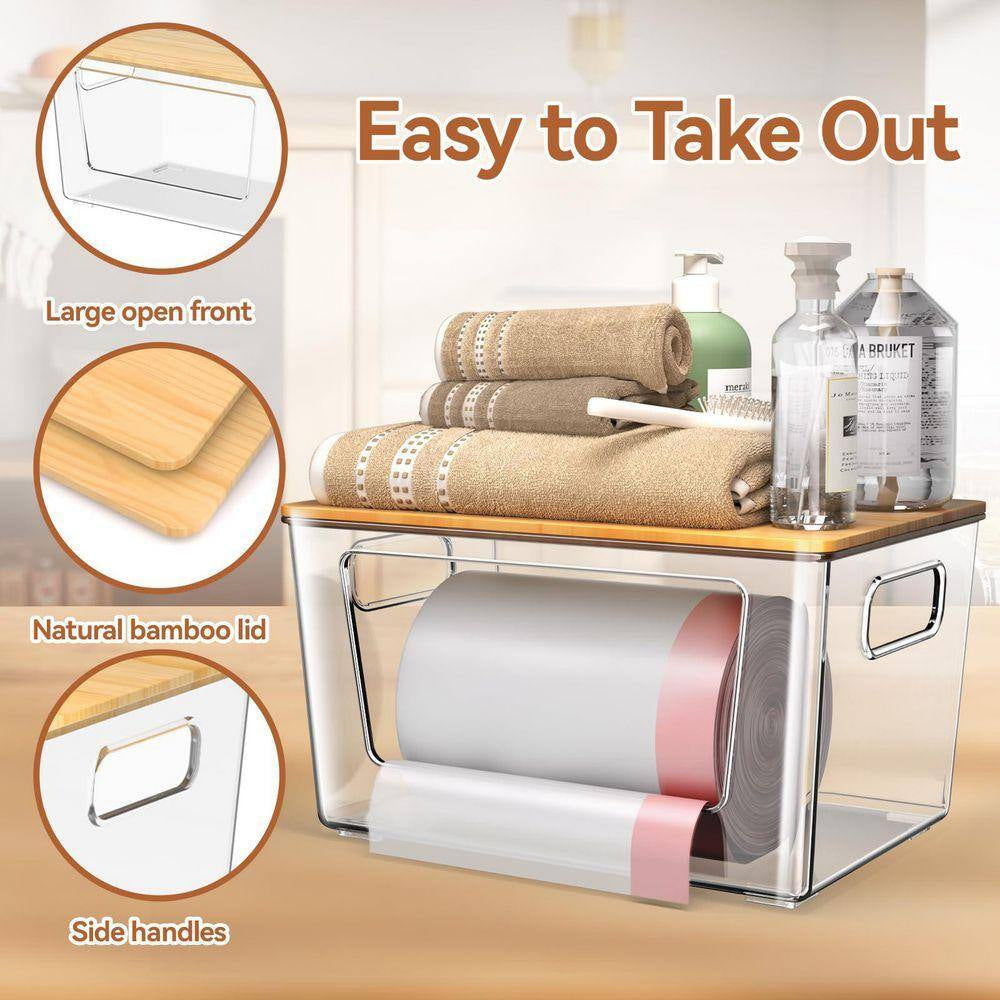 2-Pack Stackable Trash Bag Holder W/ Bamboo Lid, Large Garbage Bag Dispenser for under Sink