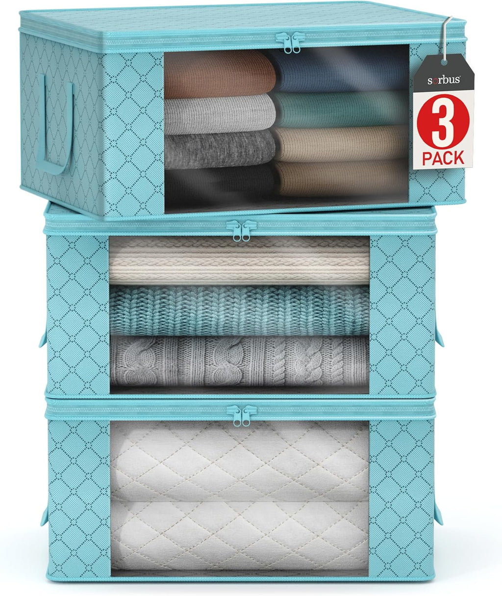 Foldable Storage Bag Organizers, Clear Window & Carry Handles, Great for Clothes, Blankets, Closets, Bedrooms, and More, 19" L X 14" W X 8" H (3 Pack)
