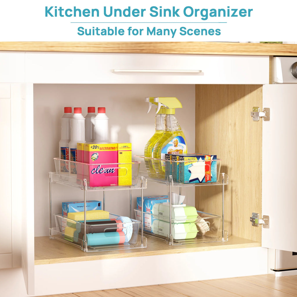 3 Pack Bathroom Plastic Storage Organizer, 2 Tier Clear under Sink Organizers Vanity Countertop Storage Container