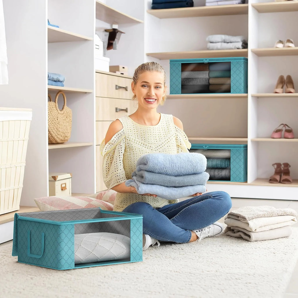Foldable Storage Bag Organizers, Clear Window & Carry Handles, Great for Clothes, Blankets, Closets, Bedrooms, and More, 19" L X 14" W X 8" H (3 Pack)